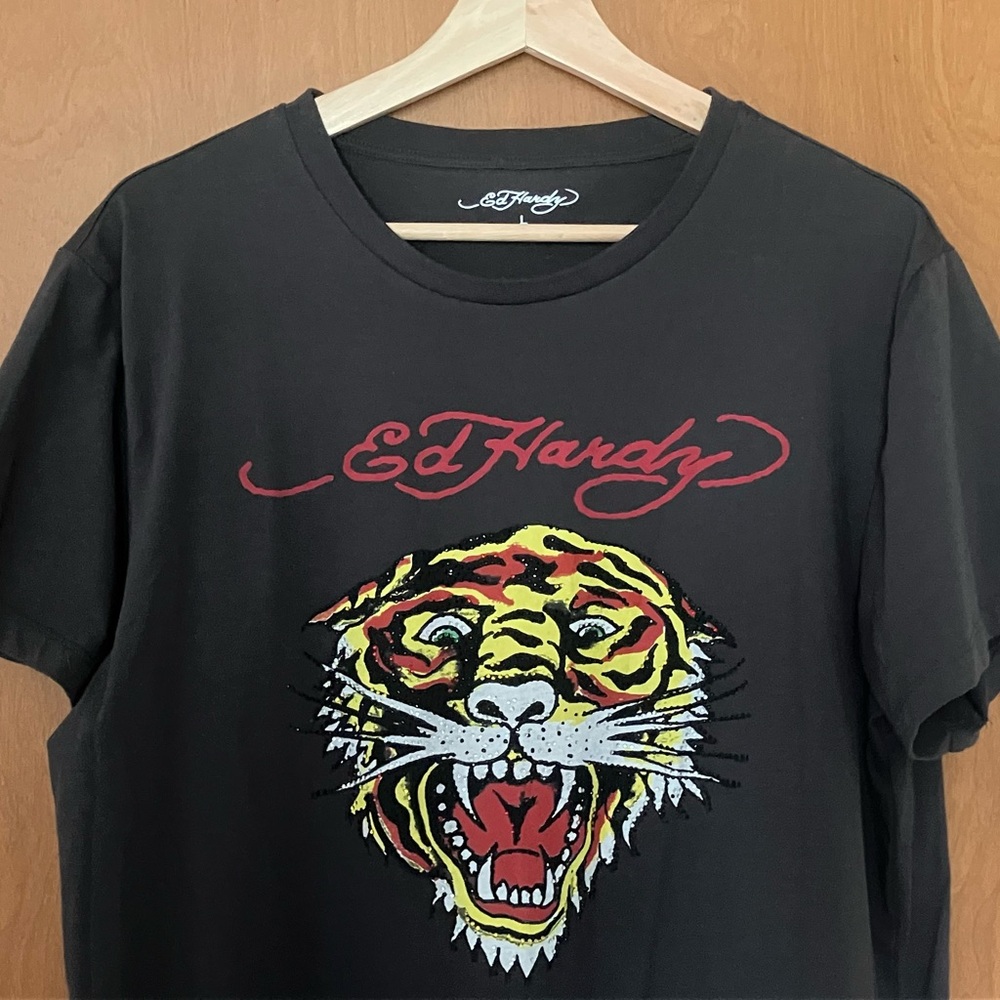 Ed Hardy By Christian Audigier Men's Rhinestone Tiger Short Sleeve T Shirt Sz L